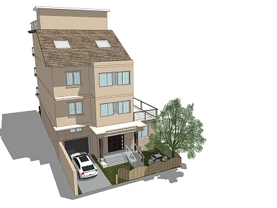 Two Story Detached Villa Exterior Design With Roof Windows Garage Car And Tree 3d model