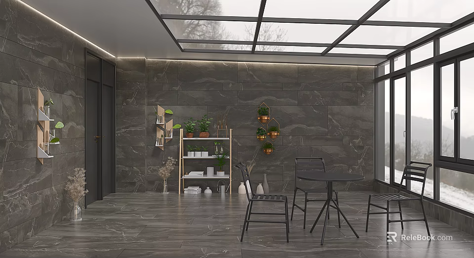 Modern Villa Balcony Design with Glass Roof Marble Wall Green Plants and Leisure Tables 3d model 