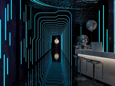Stylish Bar Interior with Blue Neon Lights Corridor Counter Stools Space Decor and Reflective Floor 3d model
