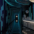 Stylish Bar Interior with Blue Neon Lights Corridor Counter Stools Space Decor and Reflective Floor