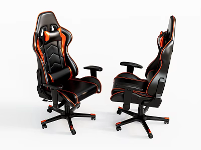 Two Ergonomic Office Chairs with Stitched Design Armrests and Five Wheel Base in Black Orange 3d model