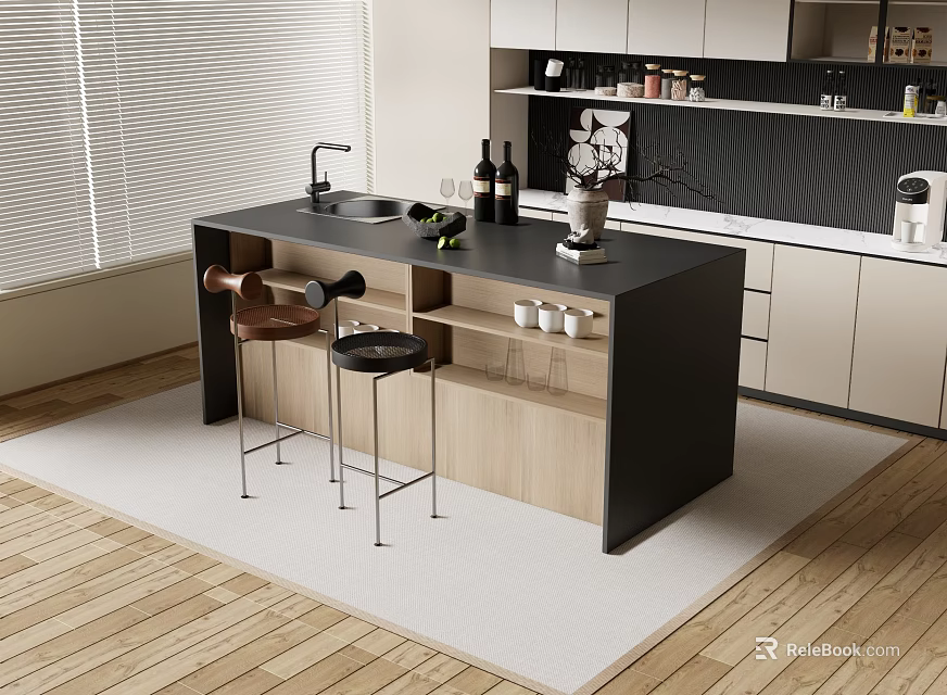 Modern Kitchen Bar Counter With Black Wooden Top Brown Black Stools Sink And Wine Bottles 3d model 