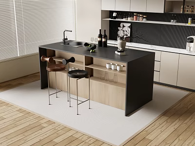 Modern Kitchen Bar Counter With Black Wooden Top Brown Black Stools Sink And Wine Bottles 3d model