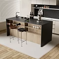 Modern Kitchen Bar Counter With Black Wooden Top Brown Black Stools Sink And Wine Bottles
