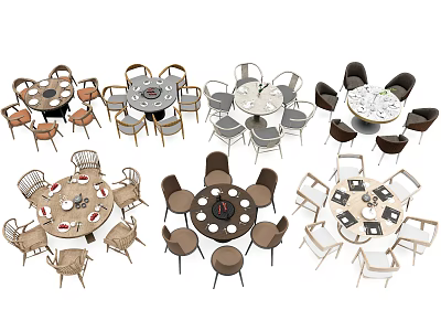 Multiple Dining Table Sets With Round Tables And Diverse Chair Designs 3d model