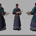 Ancient Chinese Human Figures in Traditional Blue Purple Robes Holding Books Three Angles View