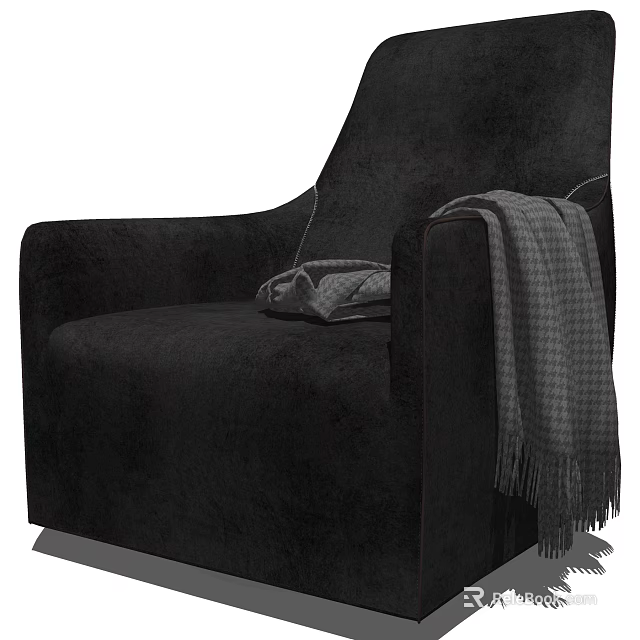 Black Velvet Single Sofa With Plush Throw Blanket And Decorative Pillow 3d model 