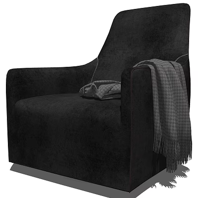 Black Velvet Single Sofa With Plush Throw Blanket And Decorative Pillow 3d model