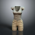 Women's V Neck Short Sleeve T-shirt And Khaki Casual Shorts Outfit