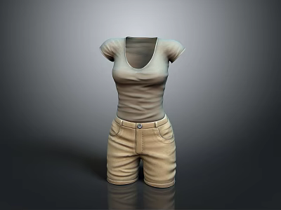 Women's V Neck Short Sleeve T-shirt And Khaki Casual Shorts Outfit 3d model