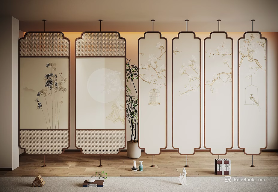 Traditional Chinese Room Divider With Bamboo Moon Patterns Wooden Frame Translucent Panels And Potted Plant 3d model 