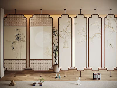 Traditional Chinese Room Divider With Bamboo Moon Patterns Wooden Frame Translucent Panels And Potted Plant 3d model