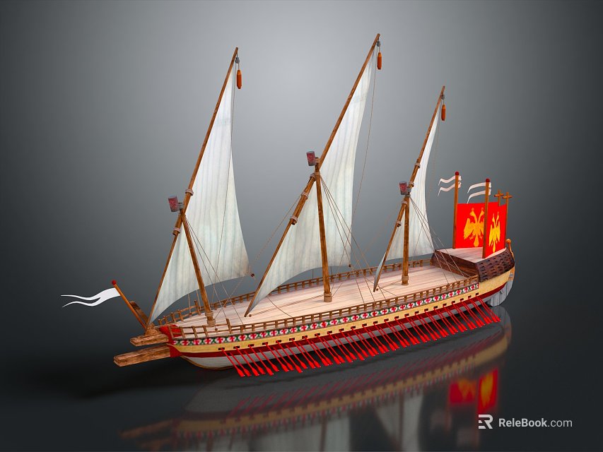 Ancient Wooden Ship With White Sails Red Flag And Detailed Hull Structure 3d model 