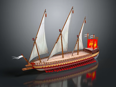 Ancient Wooden Ship With White Sails Red Flag And Detailed Hull Structure 3d model