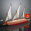 Ancient Wooden Ship With White Sails Red Flag And Detailed Hull Structure