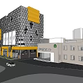 Modern Commercial Complex With Yellow Exterior Diamond Pattern Parking Facility And Retail Storefronts 3d model