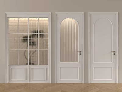 Three White Hinged Doors Modern Interior Design With Glass Panels And Arch Details 3d model