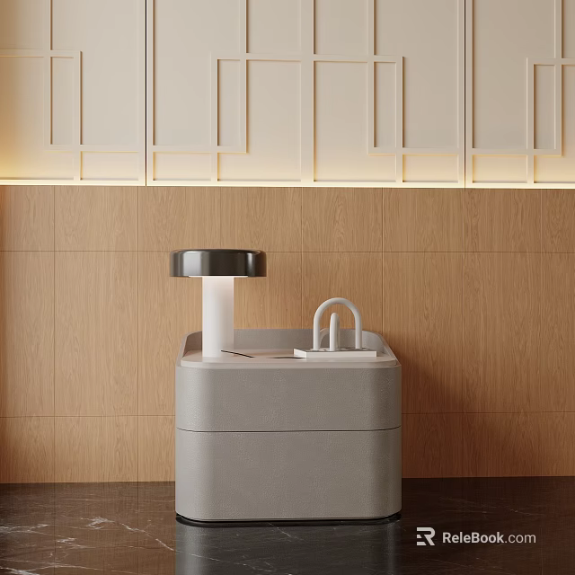 Gray Bedside Table With Table Lamp And Decor Items On Wooden Wall Background Interior 3d model