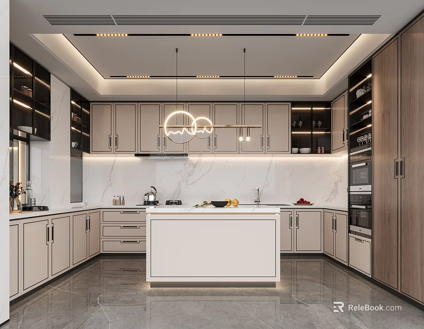 Modern Kitchen Interior Design With Central Island Marble Countertops Cabinets And Hanging Lights 3d model 