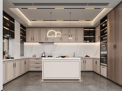 Modern Kitchen Interior Design With Central Island Marble Countertops Cabinets And Hanging Lights 3d model