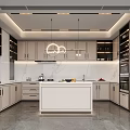 Modern Kitchen Interior Design With Central Island Marble Countertops Cabinets And Hanging Lights