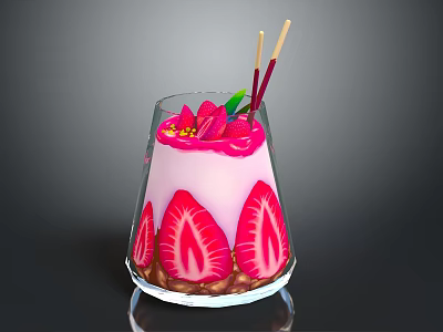 Refreshing Layered Beverage in Transparent Glass with Pink White Layers Nuts Strawberry Slices and Green Leaves 3d model