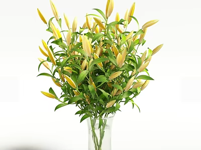 Fresh Yellow Flower Buds With Green Leaves In Transparent Glass Vase Arrangement 3d model