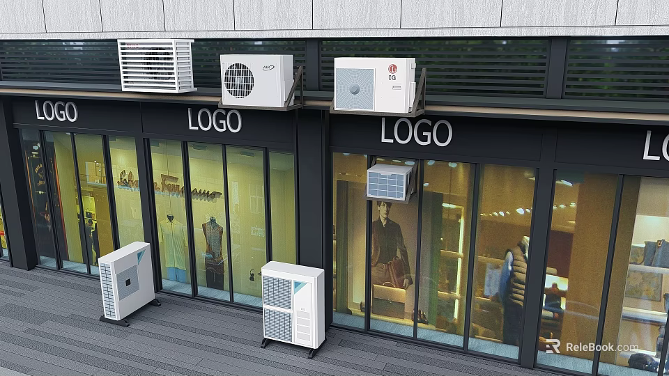 Garden Ornaments Displayed Outside Building With Glass Windows And Air Conditioners 3d model 