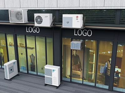 Garden Ornaments Displayed Outside Building With Glass Windows And Air Conditioners 3d model