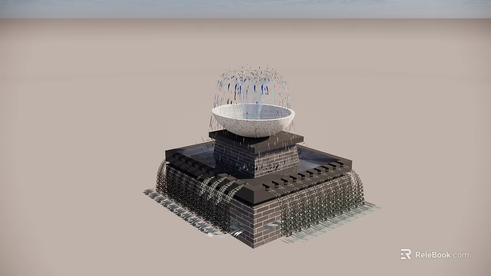 Fountain With Black Brick Square Base Stepped Water Layers White Bowl-shaped Top Jets At Edge 3d model 