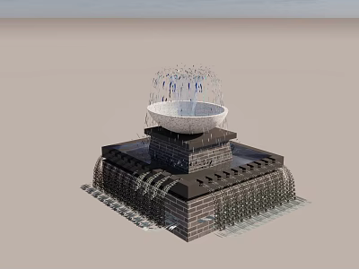 Fountain With Black Brick Square Base Stepped Water Layers White Bowl-shaped Top Jets At Edge 3d model
