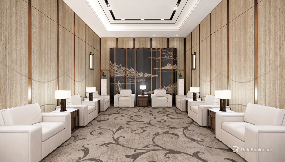 Hotel Public Lounge Area With Modern Design Comfortable Sofas And Decorative Wall 3d model