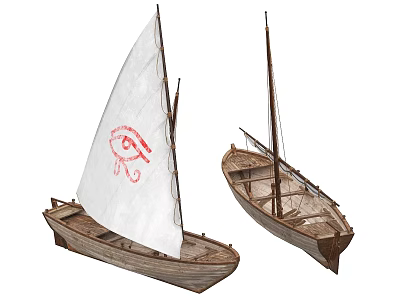 Wooden Sailboats With White Sail Featuring Red Eye Symbol And Unmasted Hull Design 3d model