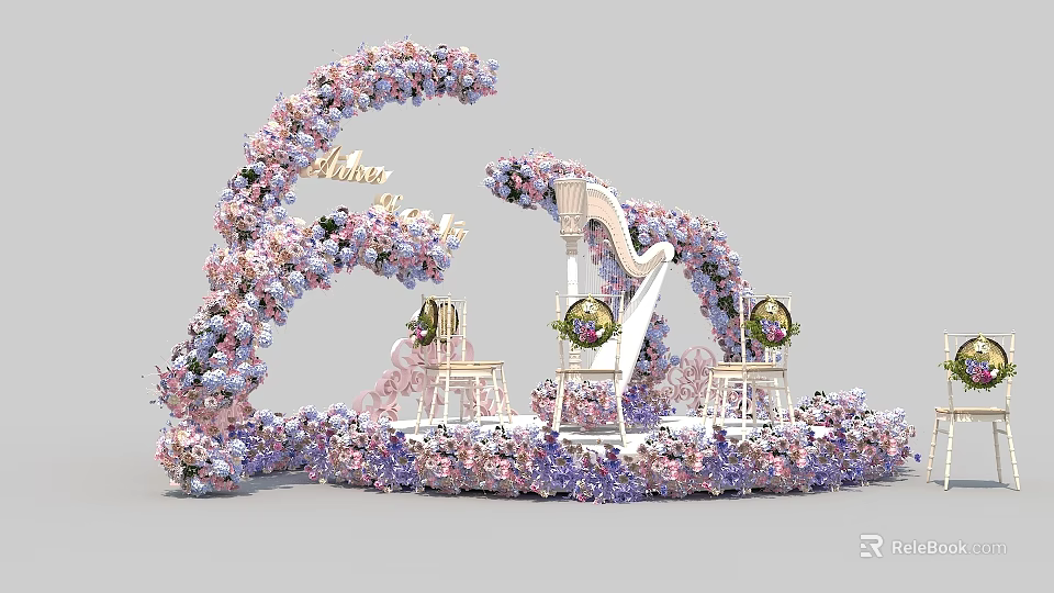 Wedding Floral Decoration with Pink Purple Flowers Curved Golden E Love Letters and White Chairs 3d model 