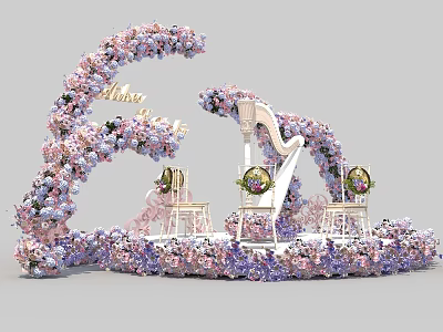 Wedding Floral Decoration with Pink Purple Flowers Curved Golden E Love Letters and White Chairs 3d model