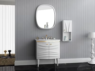 Stylish White Vanity with Oval Mirror Gold Accents and Wall Cabinet in Gray Striped Bathroom 3d model