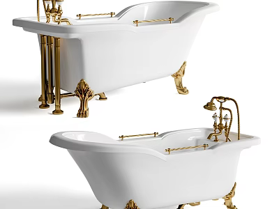 Elegant White Bathtub With Gold Faucet And Decorative Feet Classic Design For Bathroom Interior 3d model