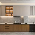 Contemporary Kitchen Interior With Grey Cabinets Marble Wall And Wooden Elements 3d model