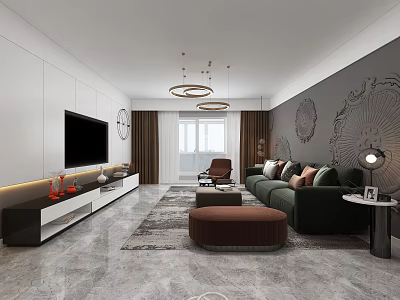 Modern Living Room Interior With Dark Sofa Throw Pillows And Round Pendant Lights 3d model