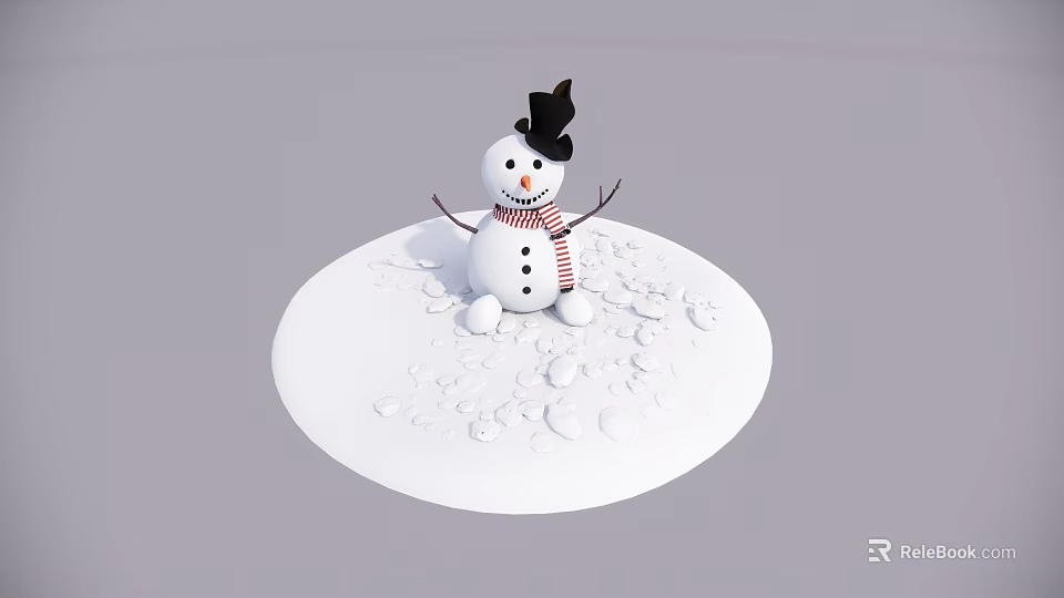 Snowman Sculpture with Black Hat and Red White Striped Scarf on Snowy Ground 3d model 