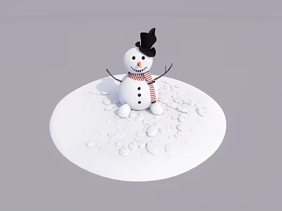 Snowman Sculpture with Black Hat and Red White Striped Scarf on Snowy Ground 3d model