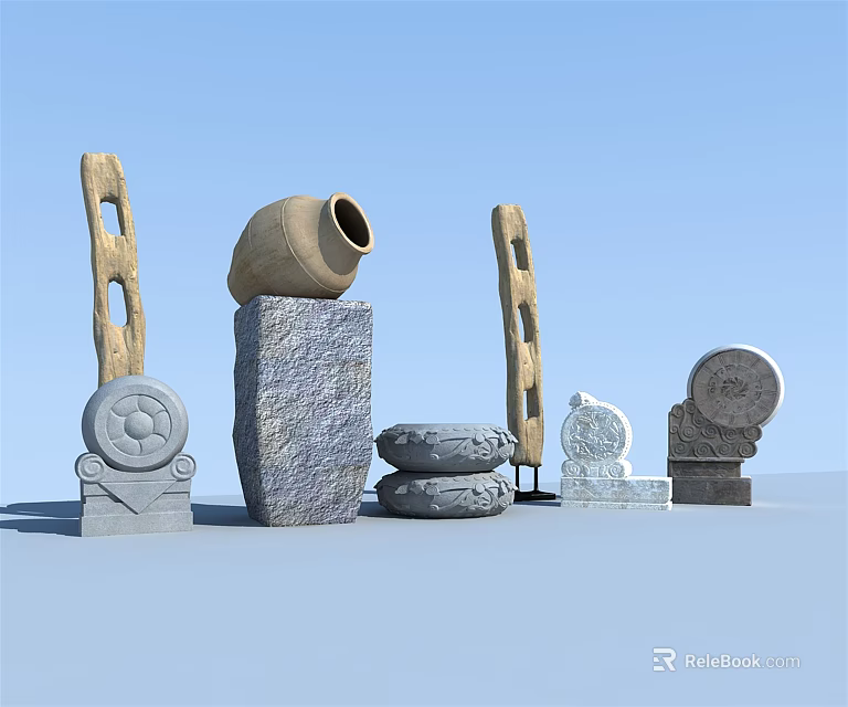 Garden Ornaments Featuring Stone Pillars Pottery Jar And Carved Decorative Stones 3d model 