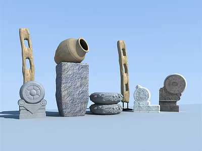 Garden Ornaments Featuring Stone Pillars Pottery Jar And Carved Decorative Stones 3d model
