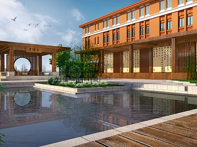 Traditional Courtyard Garden With Water Pond Wooden Deck And Green Plants Reflection 3d model