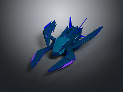 Futuristic Blue 3D Spaceship Render With Glowing Purple Accents And Sharp Edges Design 3d model
