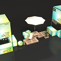 Outdoor Booth Scene with Numbered 01 02 Umbrella Seating Plants and Nighttime Ambiance