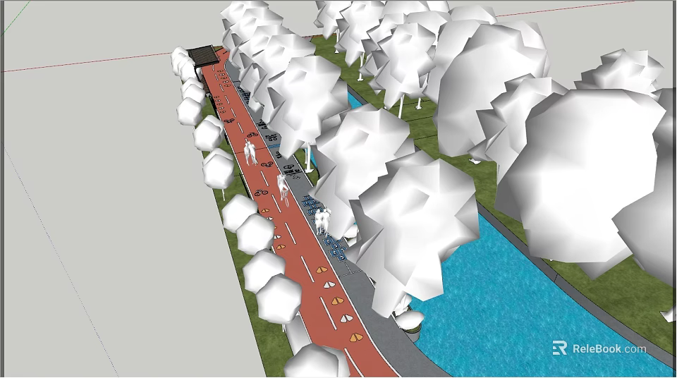 Road Infrastructure Design With Red Pathway Green Trees And Water Canal 3d model 