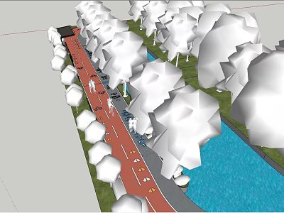 Road Infrastructure Design With Red Pathway Green Trees And Water Canal 3d model
