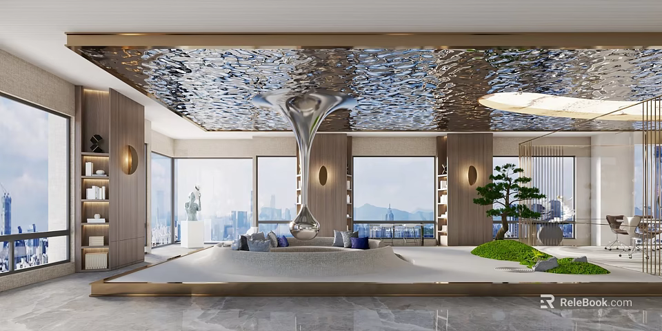 Modern Leisure Area Design With Silver Water Drop Chandelier Large Windows City Mountain Views 3d model 
