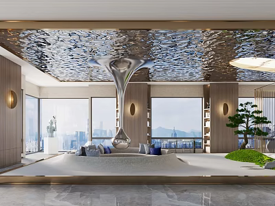 Modern Leisure Area Design With Silver Water Drop Chandelier Large Windows City Mountain Views 3d model